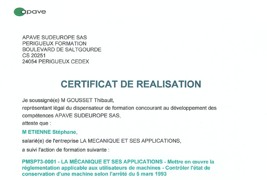 Certificat de réalisation APAVE